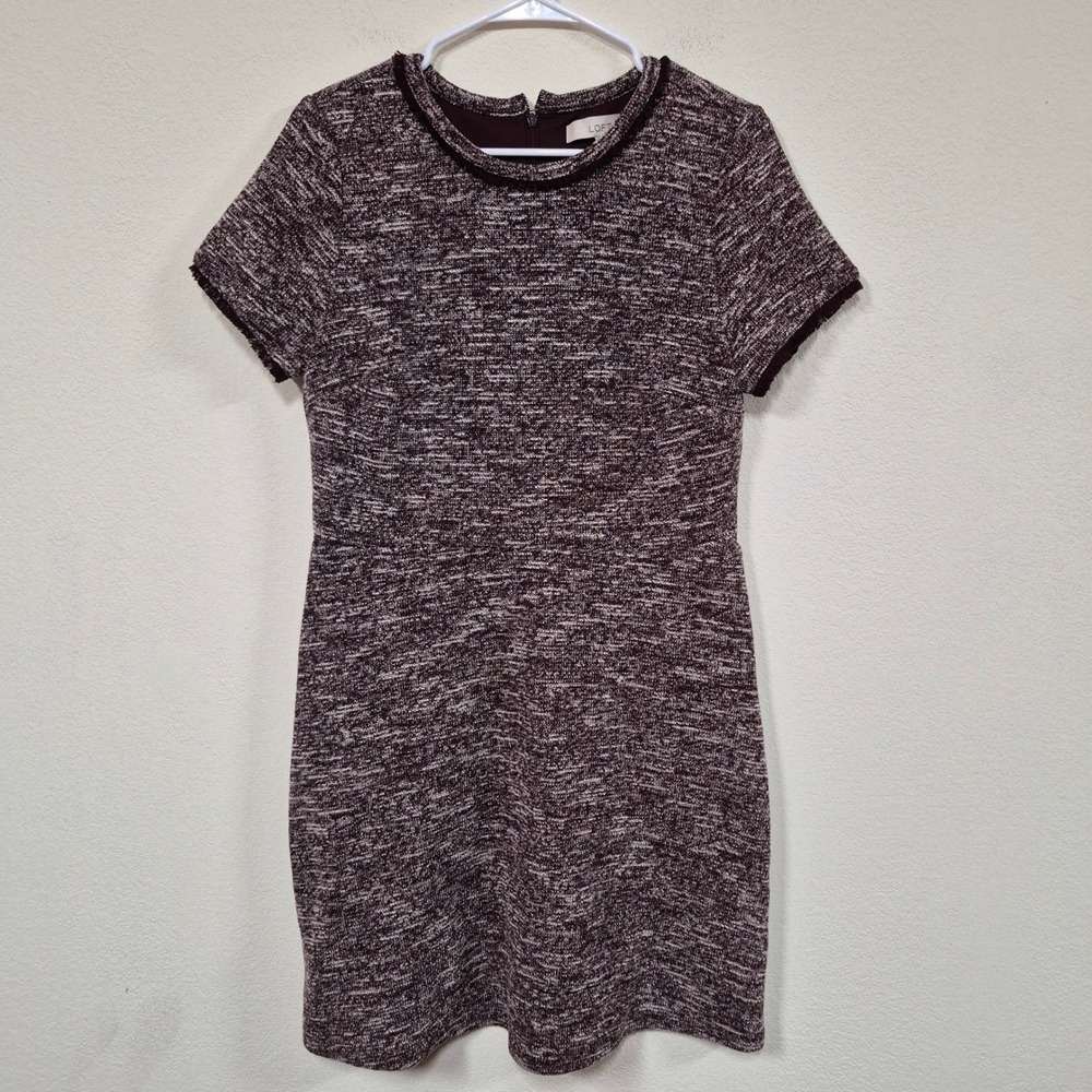 LOFT Marled Tweed Fringe Trim Dress 10 Burgundy Black Dark Academia Workwear